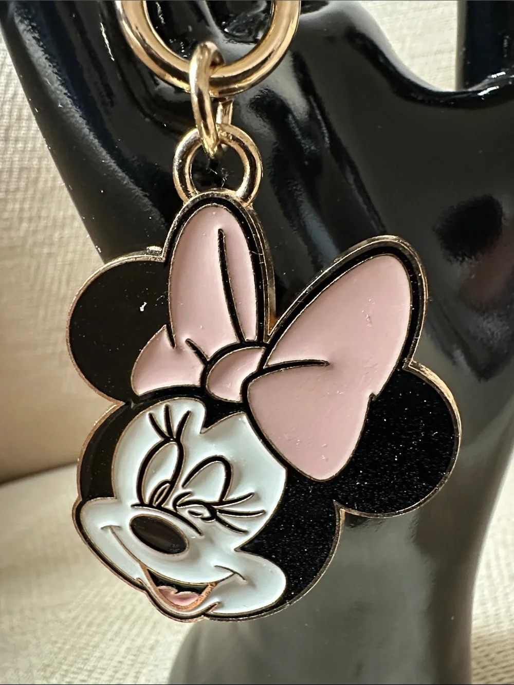 Disney Minnie Mouse Pink & Black Enamel Keychain Charm with Gold Hardware